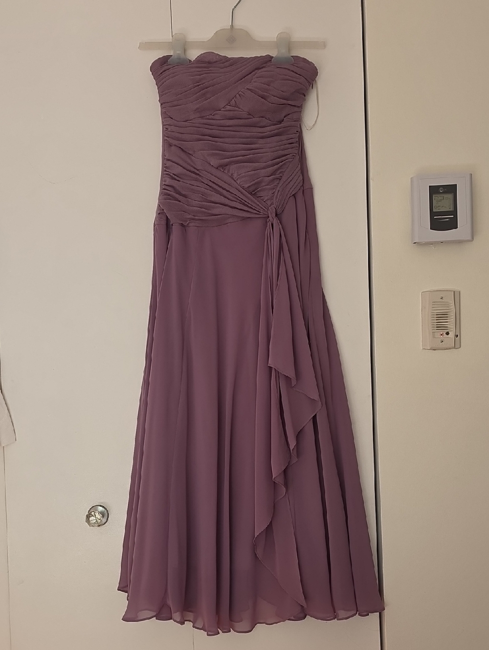 Sangria Strapless Ruched Chiffon Dress in Mauve